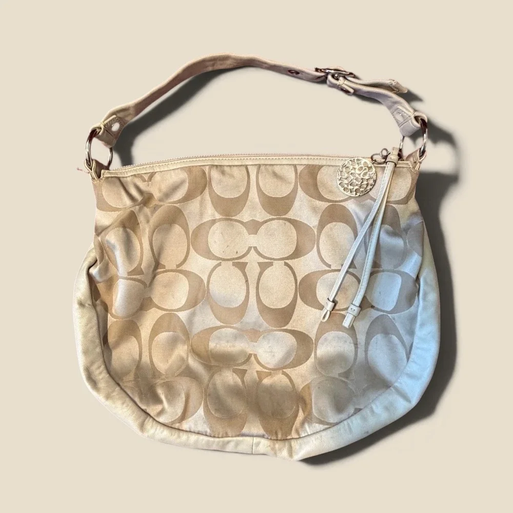Coach Zoe Hobo Bag Champagne Gold Signature Sateen Leather Large 13642